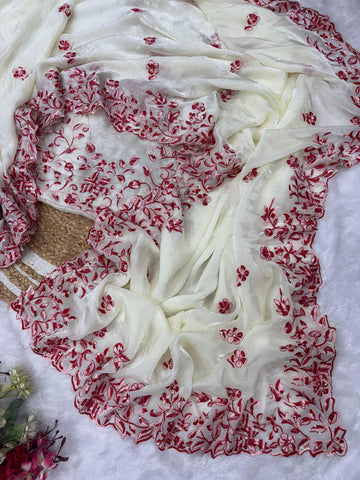 Stylish White Silk Thread Work Saree
