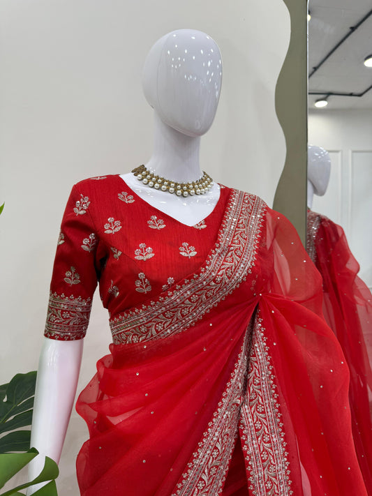 Diamond Work Red Color Silk Saree