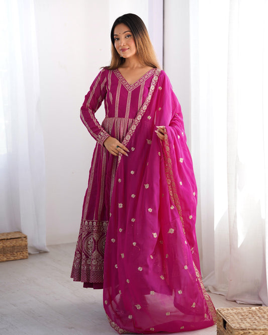 Demanding Sequence Work Pink Color Gown