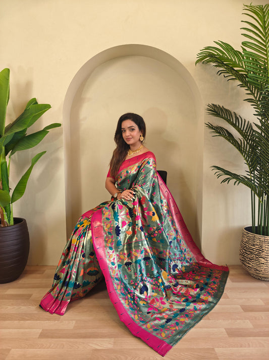 Blissful Paithani Silk Teal Green Color Saree