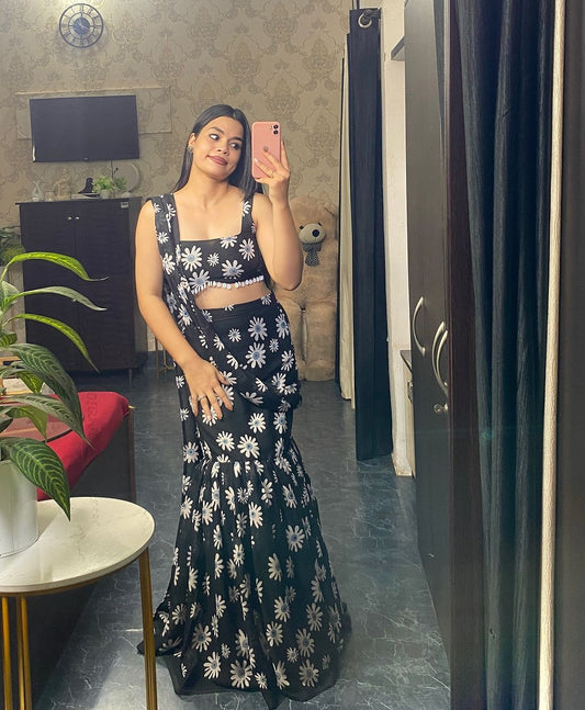 Designer Georgette Black Color Fish Lehenga Choli