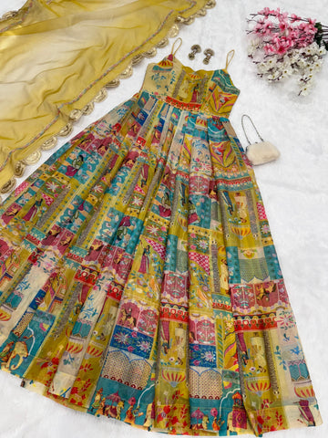 Trendy Multicolor Organza Silk Anarkali Gown