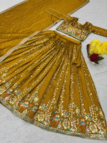 Exclusive Mustard Vichitra Embroidery Work Lehenga