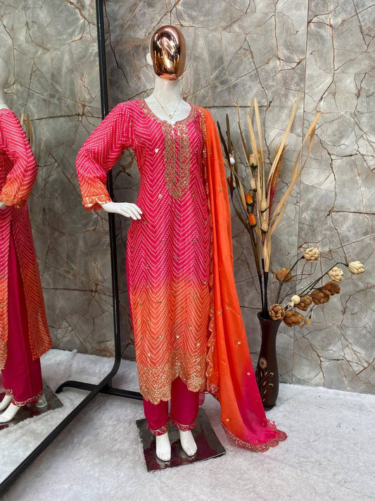 Precious Embroidery Work Pink With Orange Color Salwar Suit