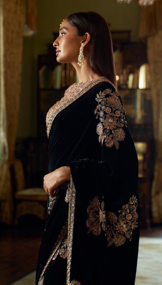 Designer Black Velvet with Dori Work Net Saree
