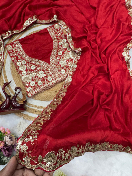 Gorgeous Red Color Rangoli Sequence Silk Saree