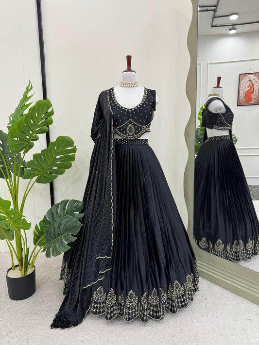 Wedding & Party Wear Satin Silk Black Color Lehenga Choli