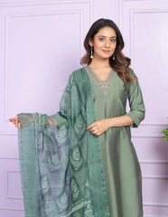 Attractive V Neck Straight Green Color Kurti Pair With Dupatta