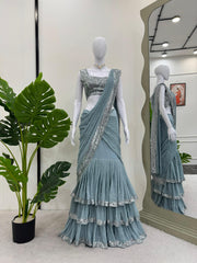 Demanding Blue Color Ready To Wear Lehenga Saree