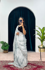 Glorious Embroidery Zari Work Grey Color Designer Saree