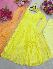Designer Lemon Color Chinon Silk Work Gown