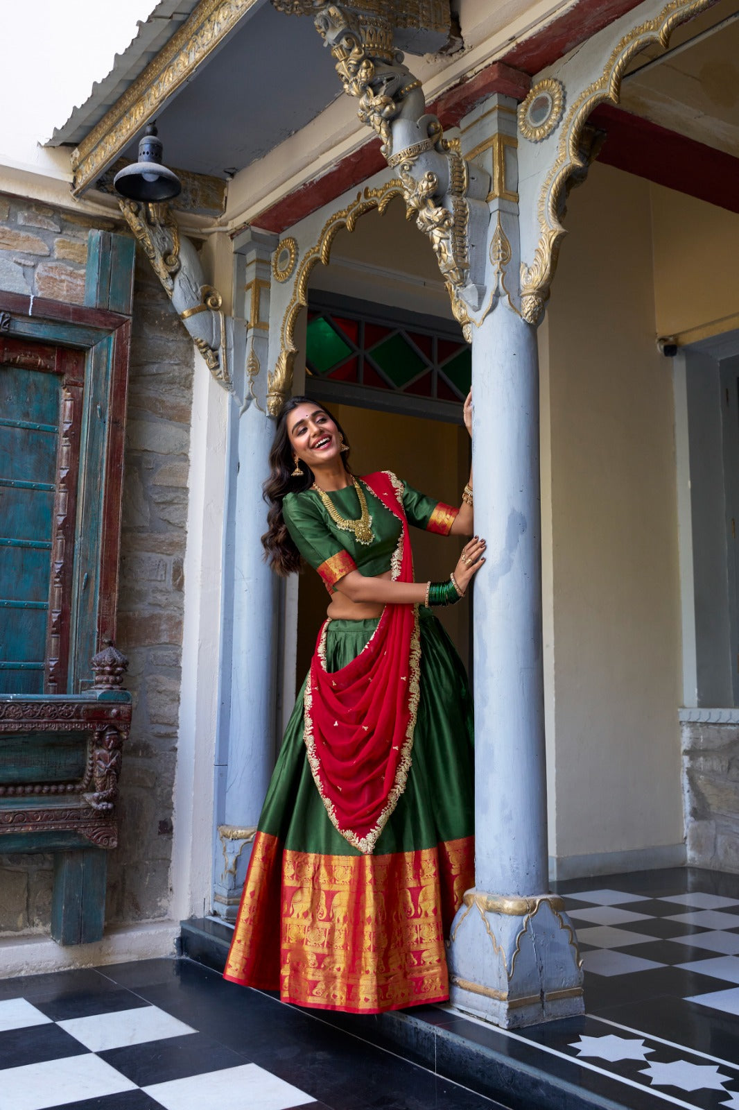 Wonderful Zari Weaving Work Green & Red Color Lehenga Choli