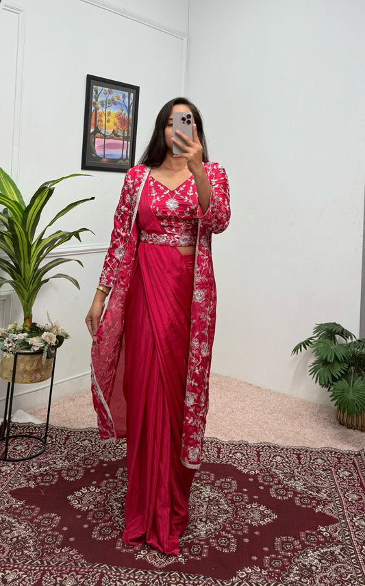 Stunning Chinon Silk Pink Color Saree With Koti