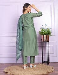 Attractive V Neck Straight Green Color Kurti Pair With Dupatta