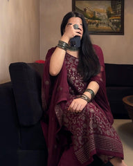 Fox Georgette Embroidered Wine Color Salwar Suit