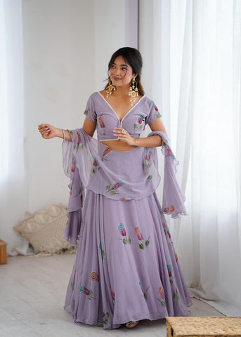 Lovely Lavender Georgette Hand Painted Lehenga