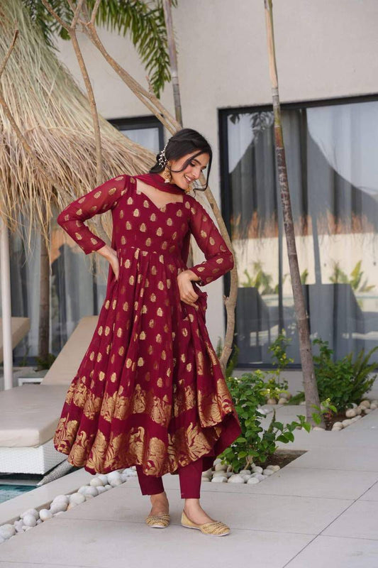 Attractive Maroon Jacquard Weaving Anarkali Suit