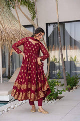 Attractive Maroon Jacquard Weaving Anarkali Suit
