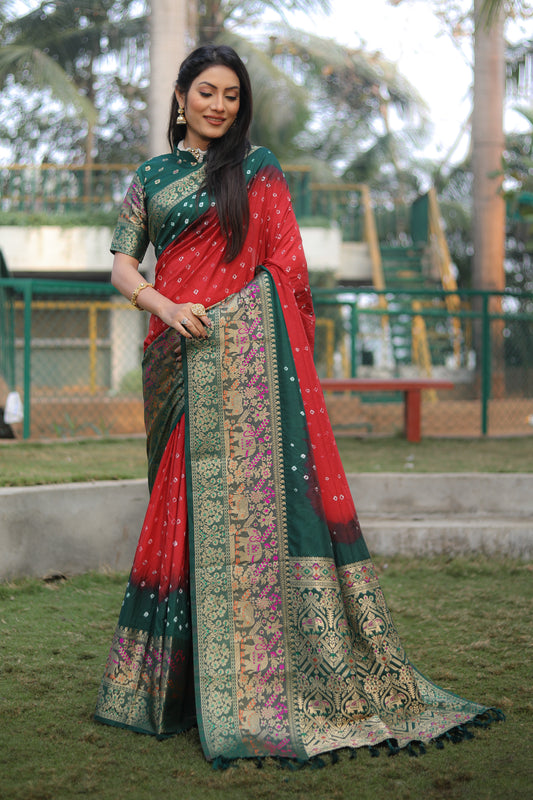 Wonderful Bandhani Green With Red Kanjivaram Silk Saree