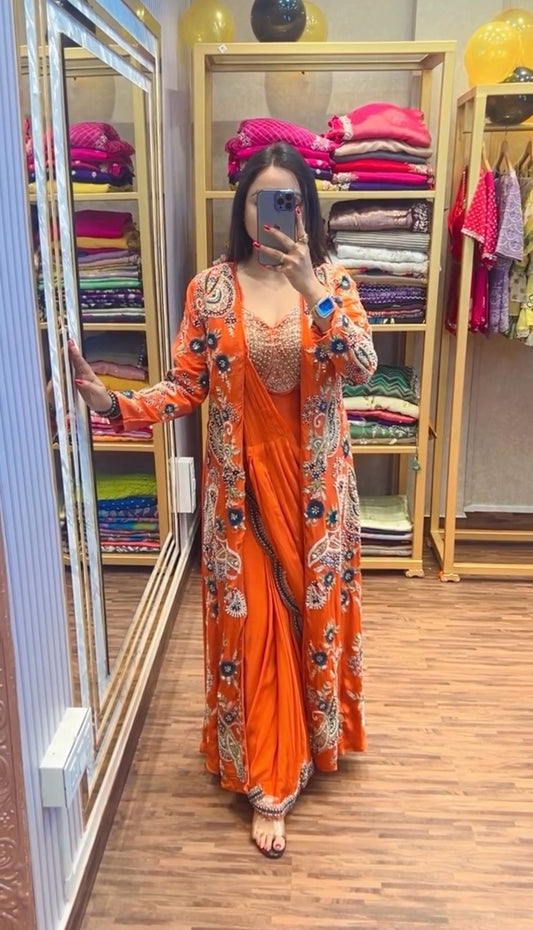 Designer Embroidery Work Orange Color Ready To Wear Saree With Koti