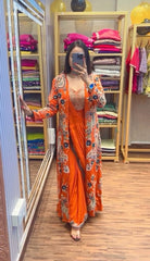 Designer Embroidery Work Orange Color Ready To Wear Saree With Koti