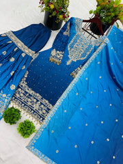 Flattering Chinnon Silk Blue Color Embroidery Work Sharara Suit
