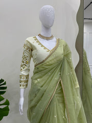 Outstanding Sequnce Work Net Mehndi Color Saree