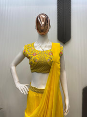 Designer Georgette Yellow Color Lehenga Saree With Koti