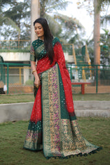 Wonderful Bandhani Green With Red Kanjivaram Silk Saree