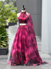 Glorious Pink Color Digital Printed Organza Lehenga