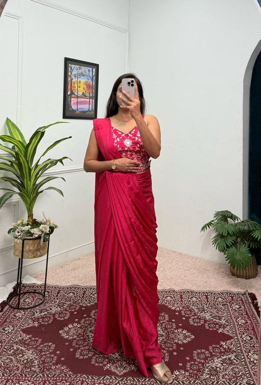 Stunning Chinon Silk Pink Color Saree With Koti