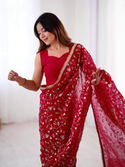 Glorious Red Crunchy Silk Embroidery Work Saree