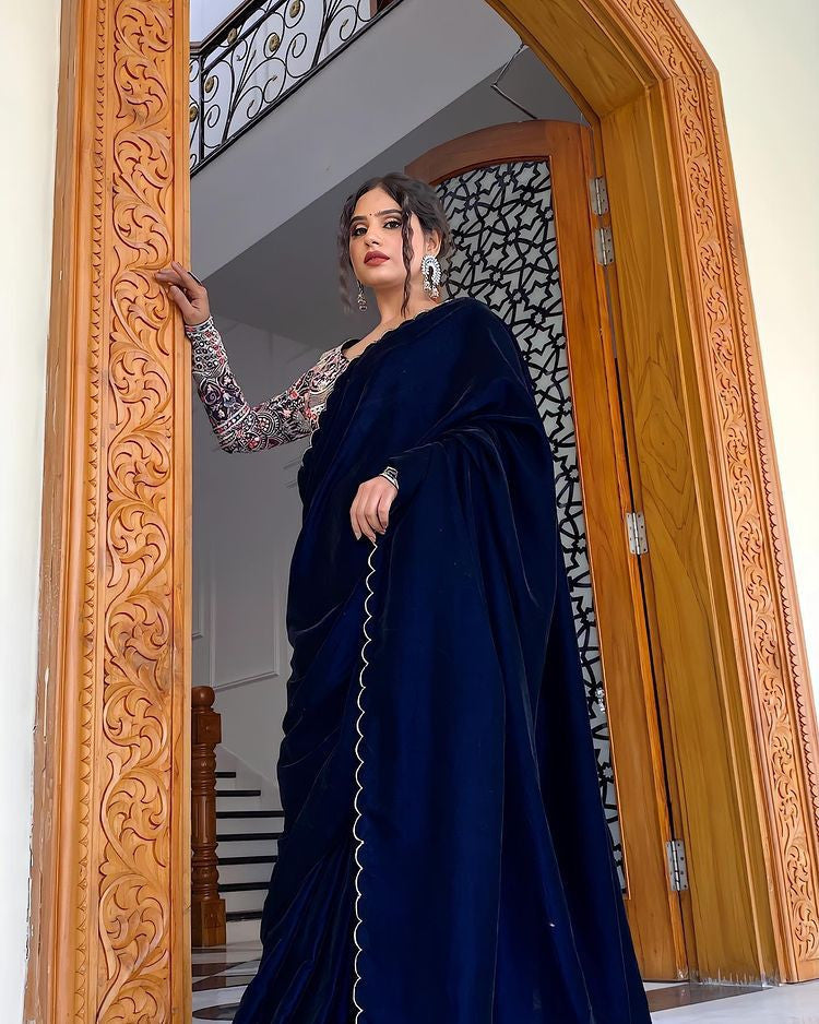 Dark Blue Color Embroidery Border Velvet Saree