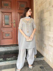 Patiala Style Beads Work Grey Color Salwar Suit