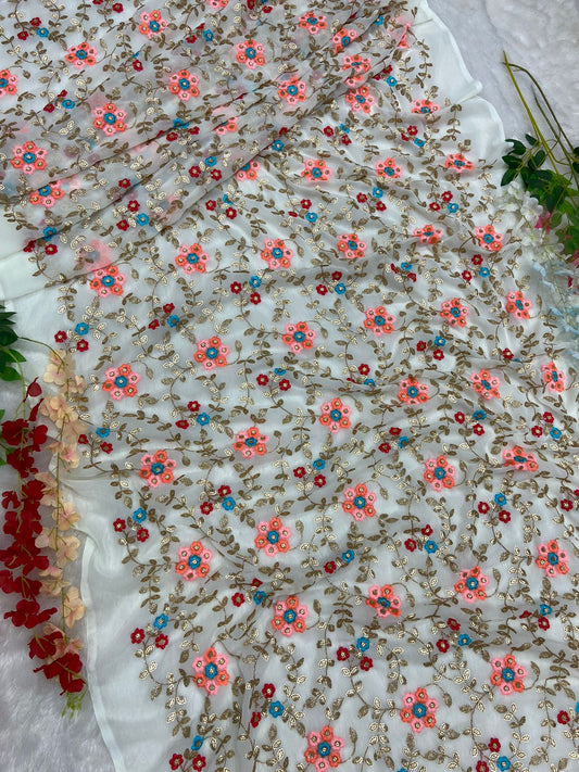 Multi Sequence Work White Color Saree