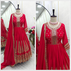 Wedding & Party Wear Embroidery Sequence Work Red Color Gown