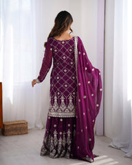 Fantastic Georgette Thread Work Wine Color Sharara Suit
