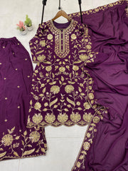 Wine Color Embroidered Chinon Palazzo Suit