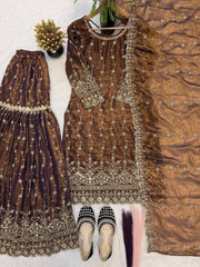Exclusive Brown Heavy Fandy Silk Embroidery Sharara Suit