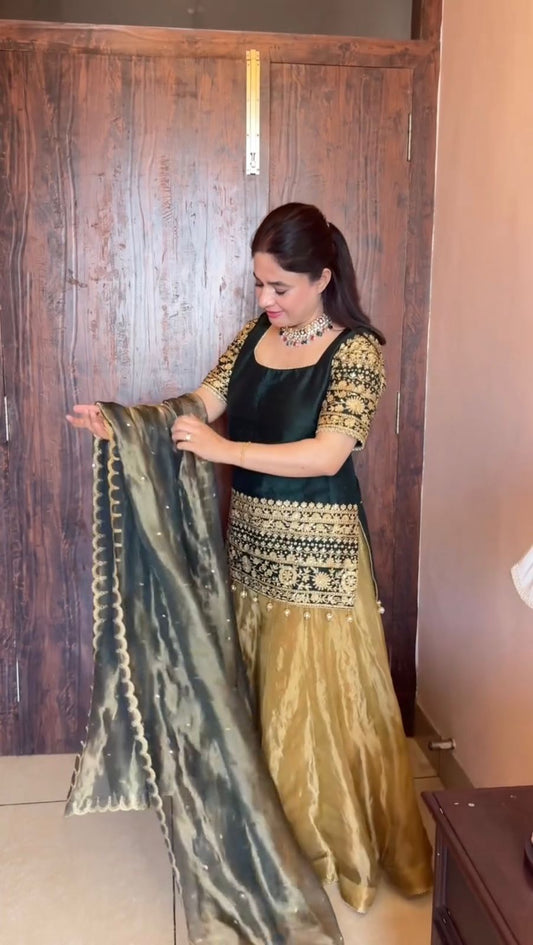 Exclusive Green Roman Silk Sequence Embroidery Sharara Suit