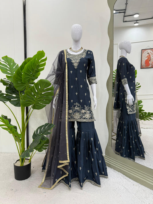 Delightful Teal Blue Color Sequence Work Sharara Suit