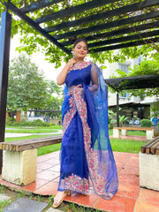 Beautiful Lace Border Organza Silk Navy Blue Color Saree