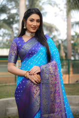 Wonderful Bandhani Purple With Sky Blue Kanjivaram Silk Saree