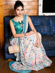 Delightful Embroidery Work Multi Color Floral Print Designer Saree