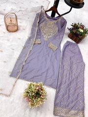 Traditional Wear Embroidery Work Lavender Color Palazzo Suit