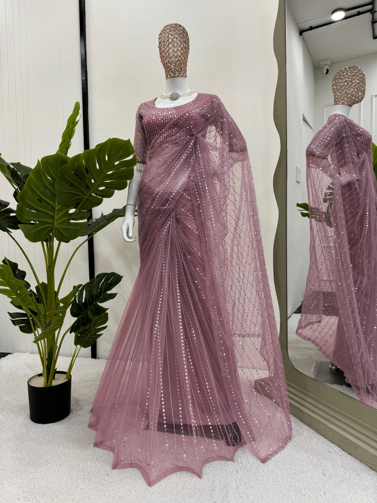Party Wear Pink Color Sequence Work  Saree With Heavy Blouse