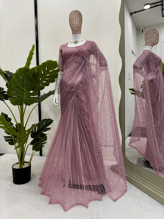 Party Wear Pink Color Sequence Work  Saree With Heavy Blouse