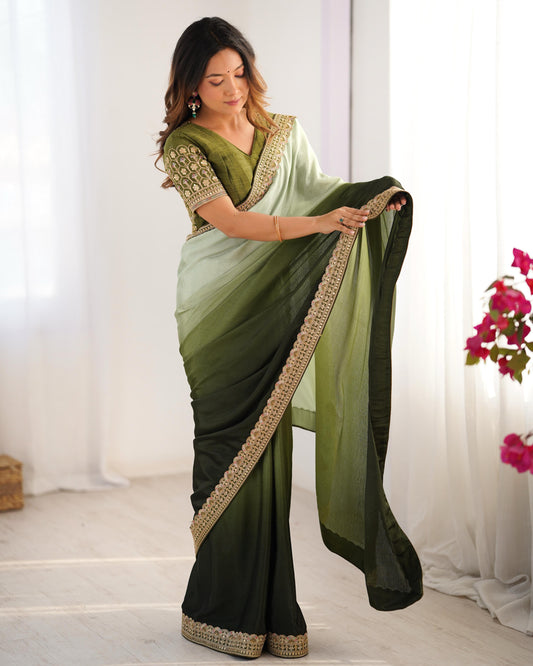 Stylish Sequence Lace work Mehndi Double Shaded Saree