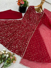 Lovely Red Sequence Work Georgette Gown