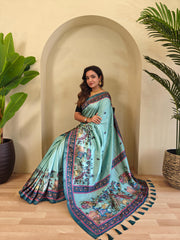 Blissful Digital Print Teal Blue Saree